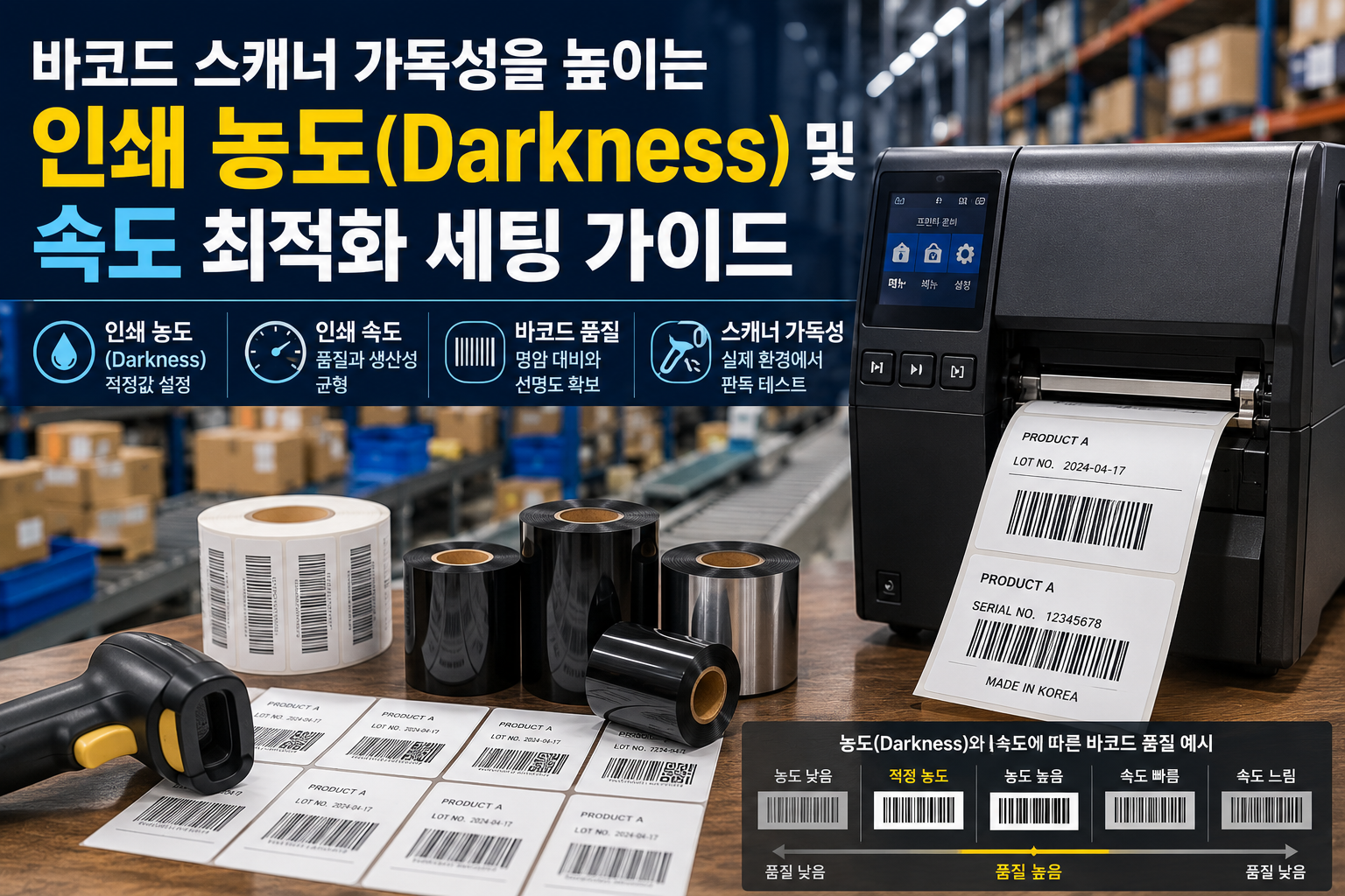 바코드 스캐너의 가독성을 높이기 위한 라벨 인쇄 농도(Darkness) 및 속도 최적화 세팅