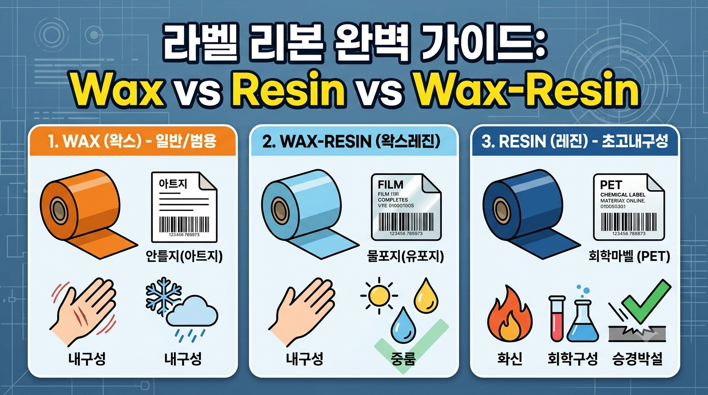 라벨 리본 종류별(왁스, 레진, 왁스레진) 화학적 특성과 내구성 비교 및 적용 분야