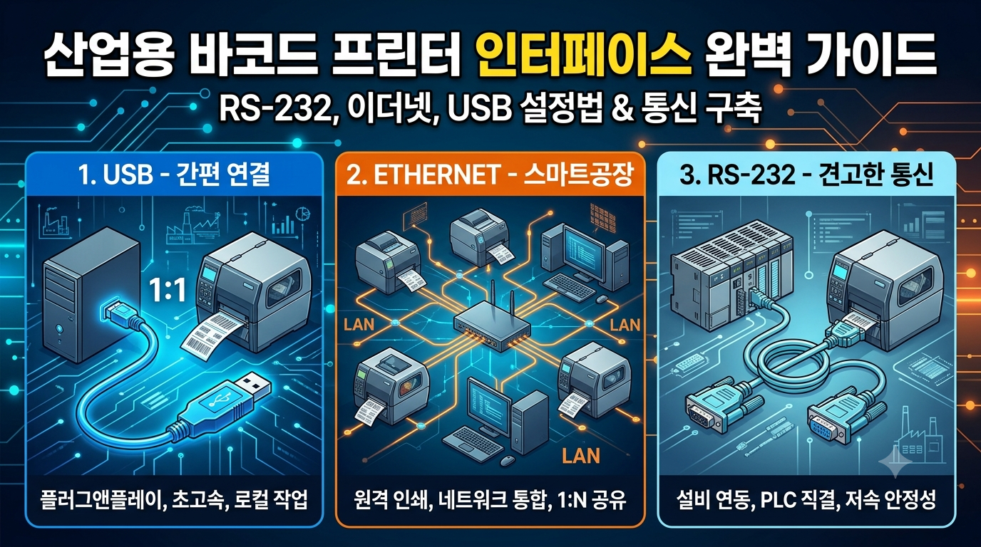 산업용 바코드 프린터의 주요 인터페이스(RS-232, Ethernet, USB) 설정과 통신 환경 구축