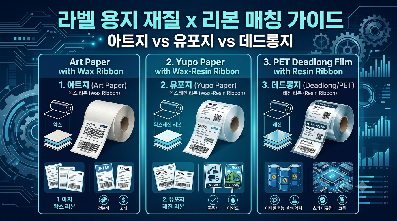 라벨 용지 재질(아트지, 유포지, 데드롱지)에 따른 리본 매칭 조합 및 인쇄 품질 테스트