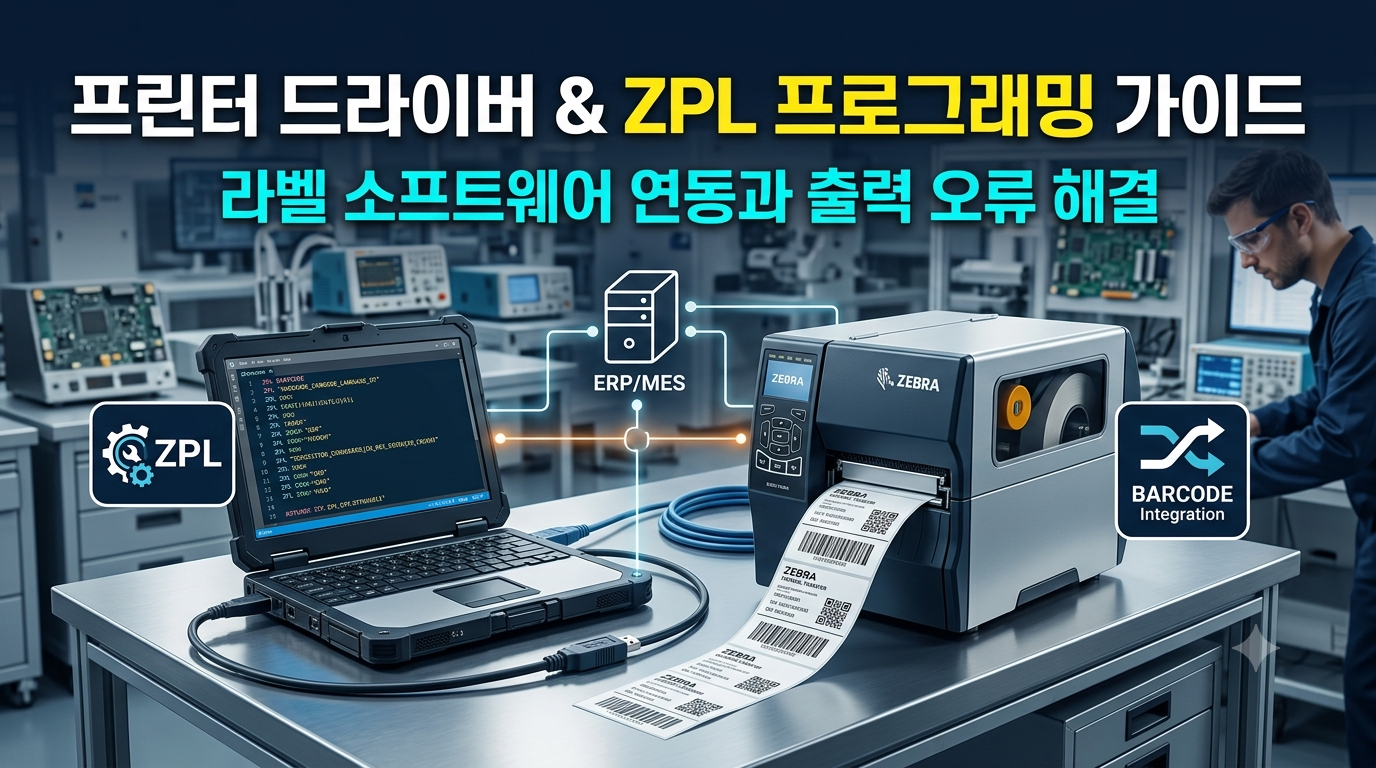 산업용 라벨 프린터 드라이버 설정과 ZPL/EPL 명령어 및 라벨 소프트웨어 연동